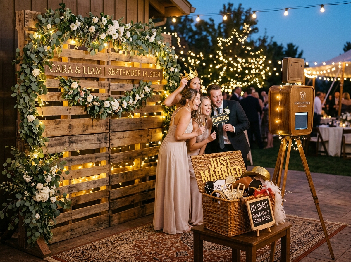 Elegante Fotobox-Ecke mit Holz-Hintergrundwand und Lichterketten bei einer Hochzeit